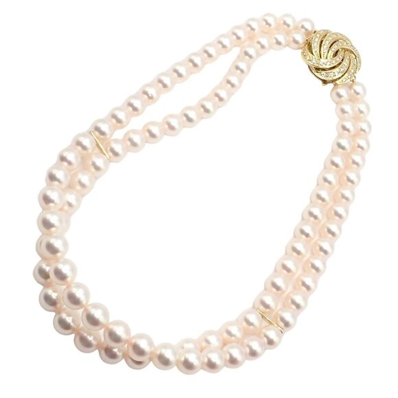 Mikimoto Jewelry - Authentic! Mikimoto 18k Yellow Gold Diamond Double Strand 8mm Pearl Necklace